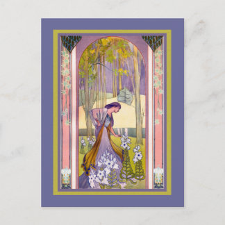 Postal Señora de Art Nouveau en el bosque