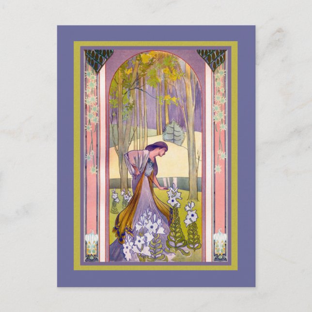 Postal Señora de Art Nouveau en el bosque (Anverso)