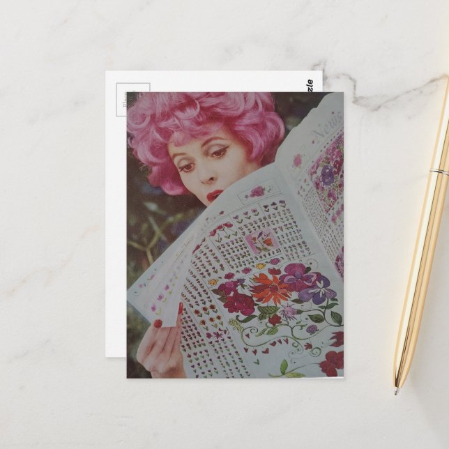 Postal Señora Retro de Cabello Rosa Bonito de 1959 (Anverso/Reverso In Situ)