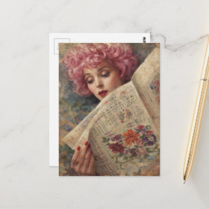 Postal Señora Retro Hermosa Pelo Rosa Leyendo Papel