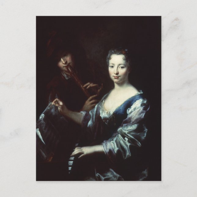 Postal Señora tocando un espía y flautista (Anverso)