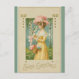 Postal Señora Vintage Entre Árboles Cedares Con Huevos De