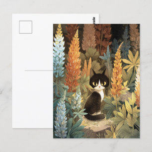 Postal Sentado De Gato Sinquítico Entre Flores De Lupine 