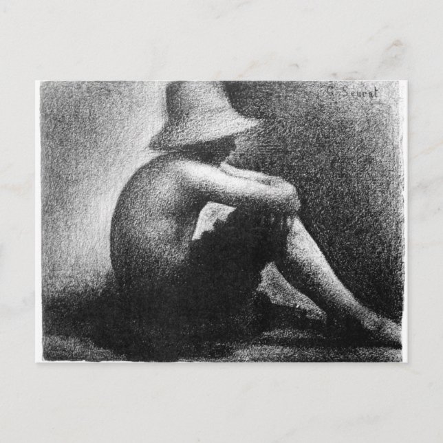 Postal Sentado niño en gorra de paja por Georges Seurat (Anverso)