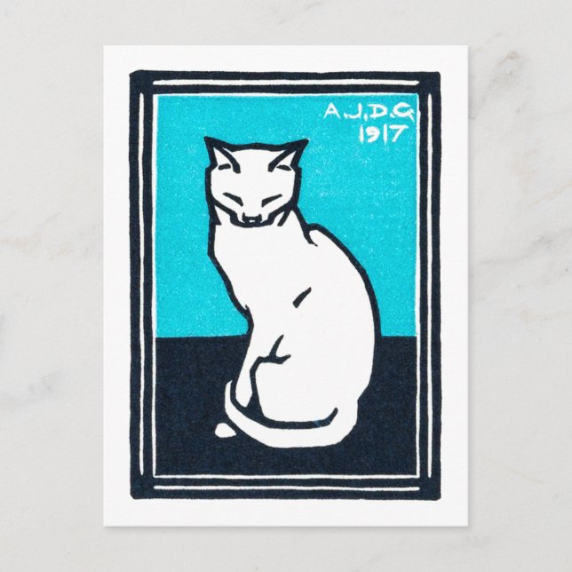 Postal Sentando gato blanco, Julie de Graag (Anverso)