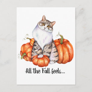 Postal Sentimientos de caída de gato y calabazas acuarela