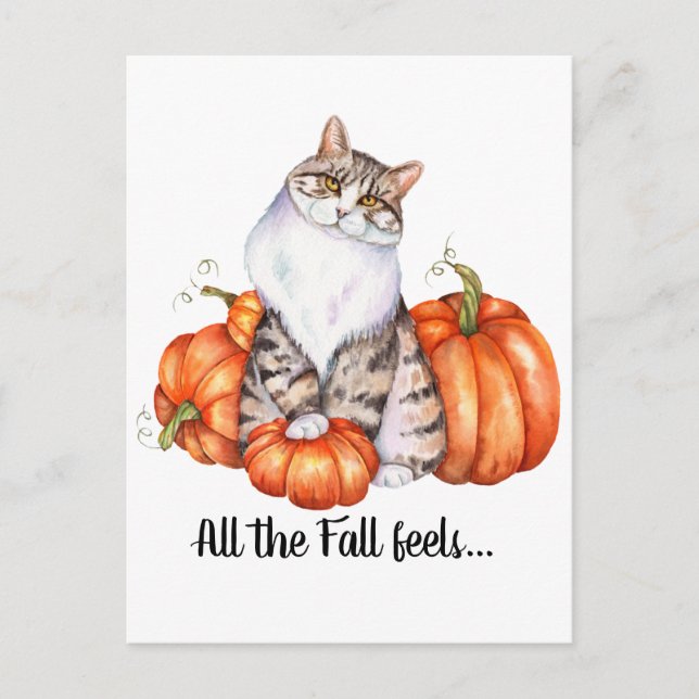 Postal Sentimientos de caída de gato y calabazas acuarela (Anverso)
