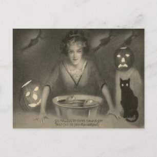 Postal Sepia Gatos Negros Mordiendo Calabazas