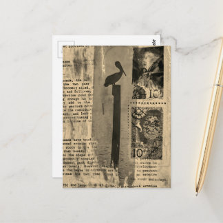 Postal Sepia Pelican mixed media collage
