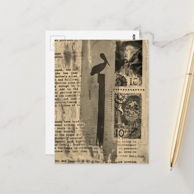 Postal Sepia Pelican mixed media collage (Anverso/Reverso In Situ)
