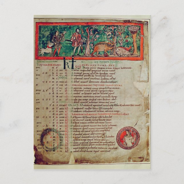 Postal Septiembre: cuidando el jabalí, de un Calendario (Anverso)