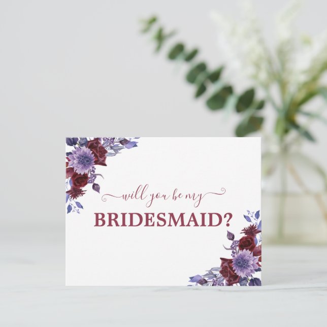 Postal ¿Serás Mi Chica De Nodesmaid Floral Púrpura (Anverso de pie)