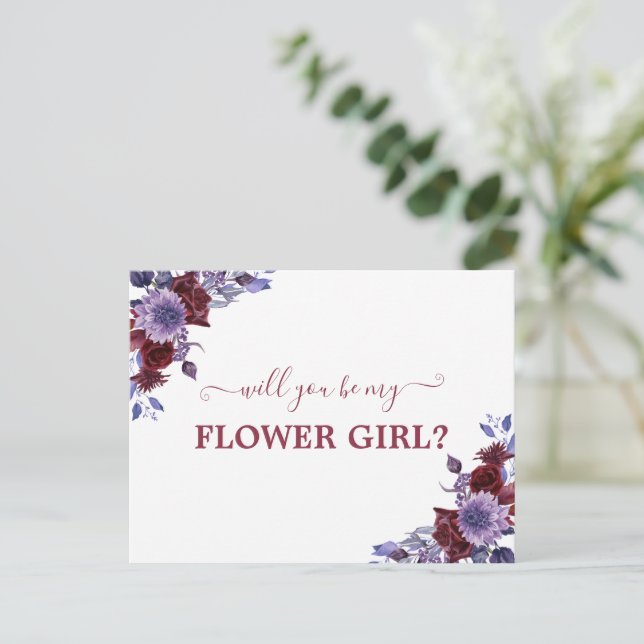 Postal ¿Serás Mi Dama De Flores Púrpura Floral  (Anverso de pie)