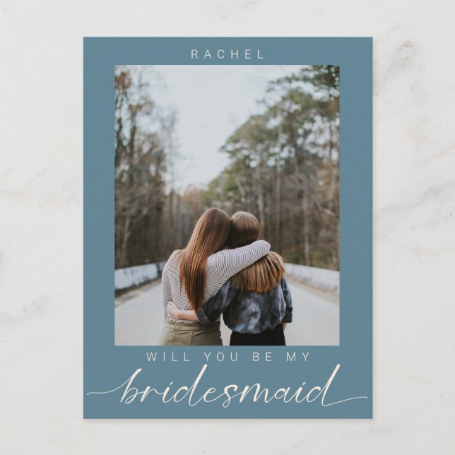 Postal Serás mi dama de honor azul foto moderna (Anverso)