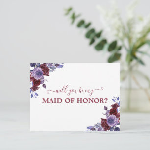 Postal ¿Serás mi dama de honor Chica Púrpura Floral