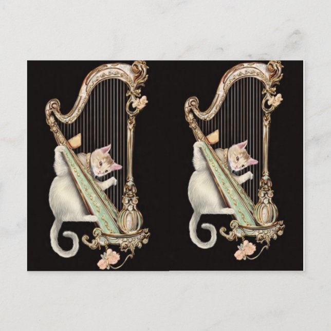 Postal Serenade in Gold – Cat & Harp Postcard (Anverso)