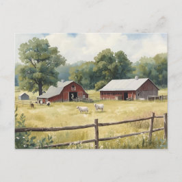 Postal Serene Country Farm Scene with Red Barn and Cattle