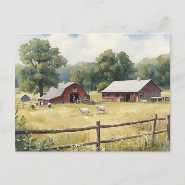 Postal Serene Country Farm Scene with Red Barn and Cattle (Anverso)