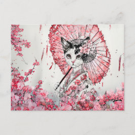 Postal Serene Geisha Cat con Parasol Rojo Flor de cerezo