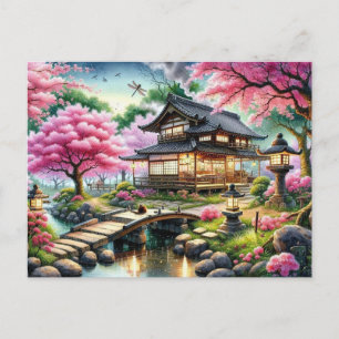 Postal Serene Jardín Japonés en la pintura al atardecer