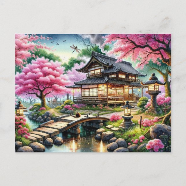 Postal Serene Jardín Japonés en la pintura al atardecer (Anverso)