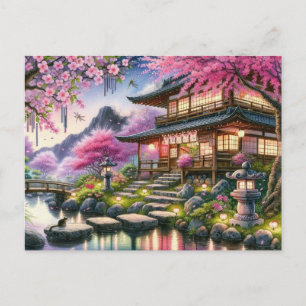 Postal Serene Jardín Japonés en Pintura de Crepúsculo