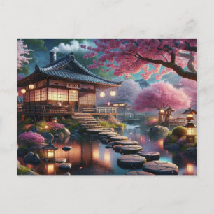 Postal Serene Jardín Japonés en Pintura de Crepúsculo