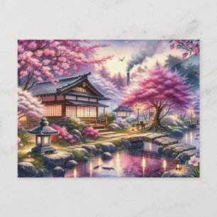 Postal Serene Jardín Japonés en Pintura de Crepúsculo