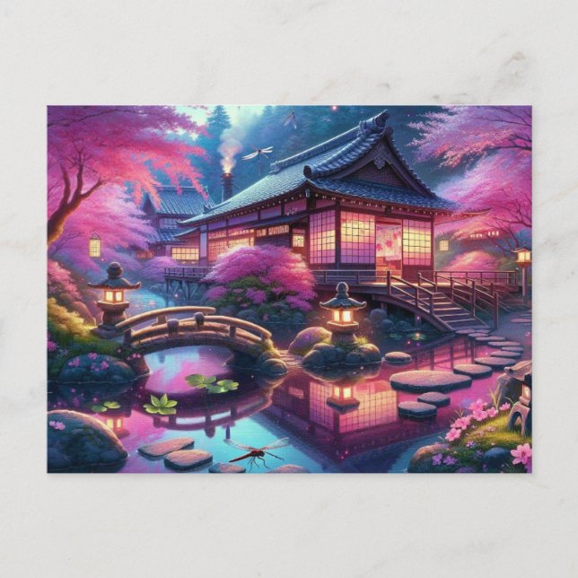 Postal Serene Jardín Japonés en Pintura de Crepúsculo (Anverso)