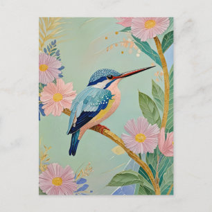 Postal Serene Kingfisher en un paraíso floral