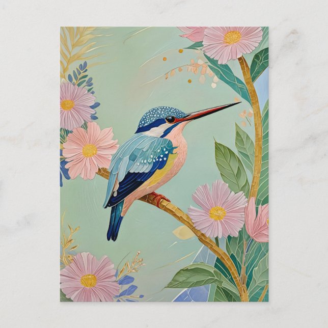 Postal Serene Kingfisher en un paraíso floral (Anverso)