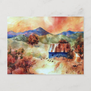 Postal Serene Mountain Watercolor Farm Scene