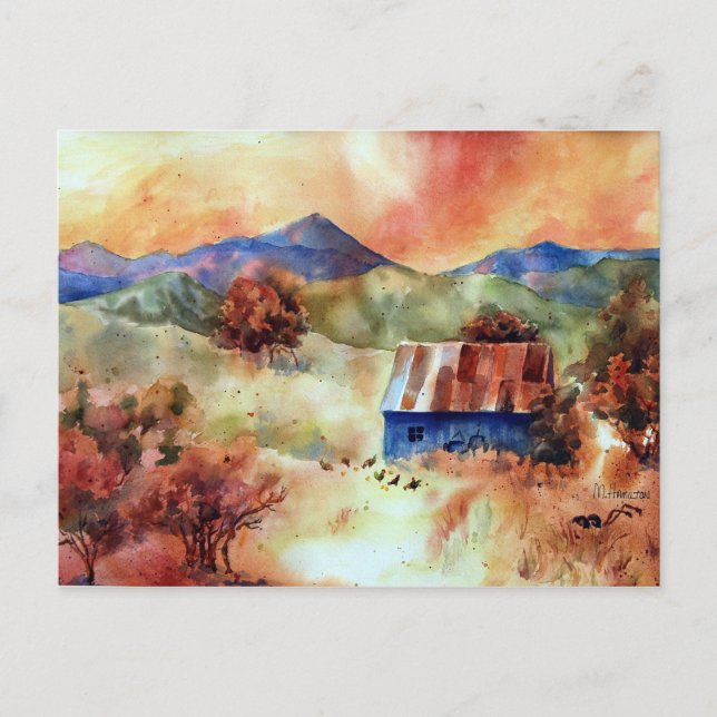 Postal Serene Mountain Watercolor Farm Scene (Anverso)