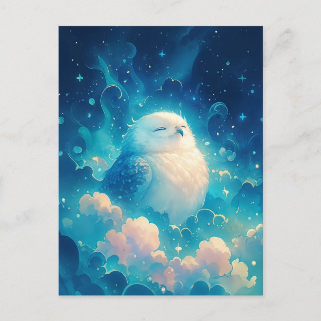 Postal Serene White Owl Napping in Blue Clouds (Anverso)