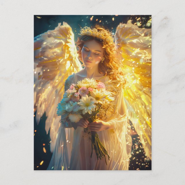 Postal Serenidad celestial Ángel femenino con un Bouquet (Anverso)