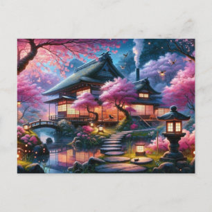 Postal Sereno jardín japonés al anochecer Pintura