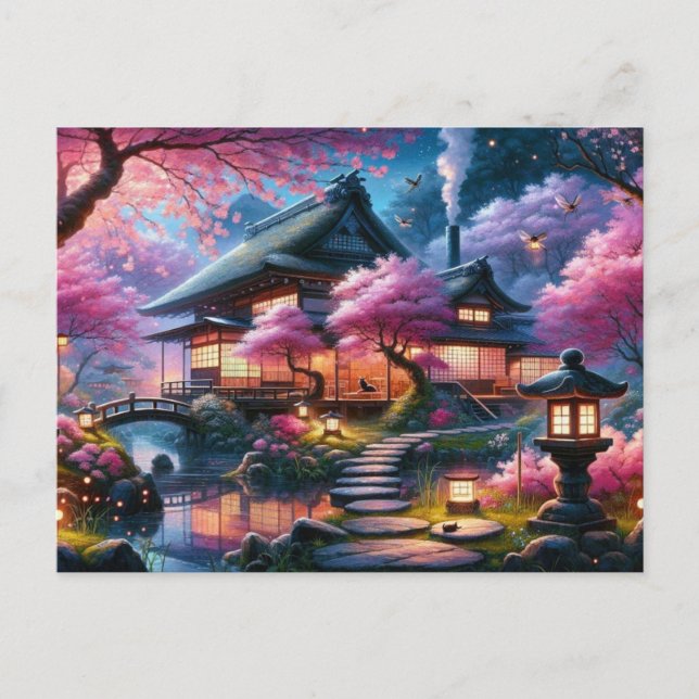 Postal Sereno jardín japonés al anochecer Pintura (Anverso)
