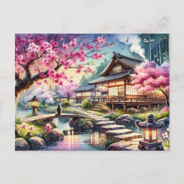 Postal Sereno jardín japonés al crepúsculo pintura (Anverso)