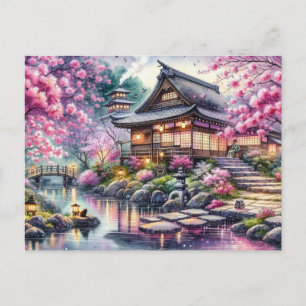 Postal Sereno jardín japonés al crepúsculo pintura