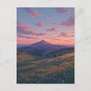 Postal Sereno prado de montaña al atardecer rosa