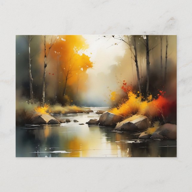 Postal Sereno vibrante paisaje de río otoñal pintura (Anverso)