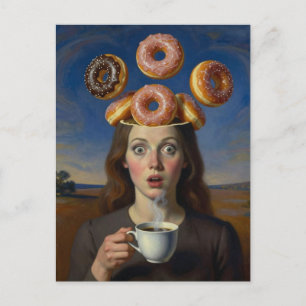 Postal Serie de desayunos surreales Donuts y mujer de caf