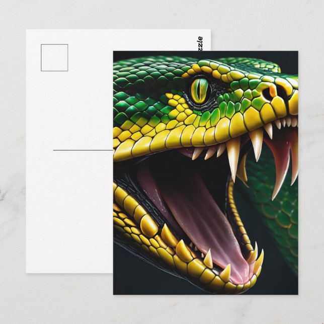 Postal Serpiente Cobra con escalas vibrantes verdes y ama (Anverso / Reverso)