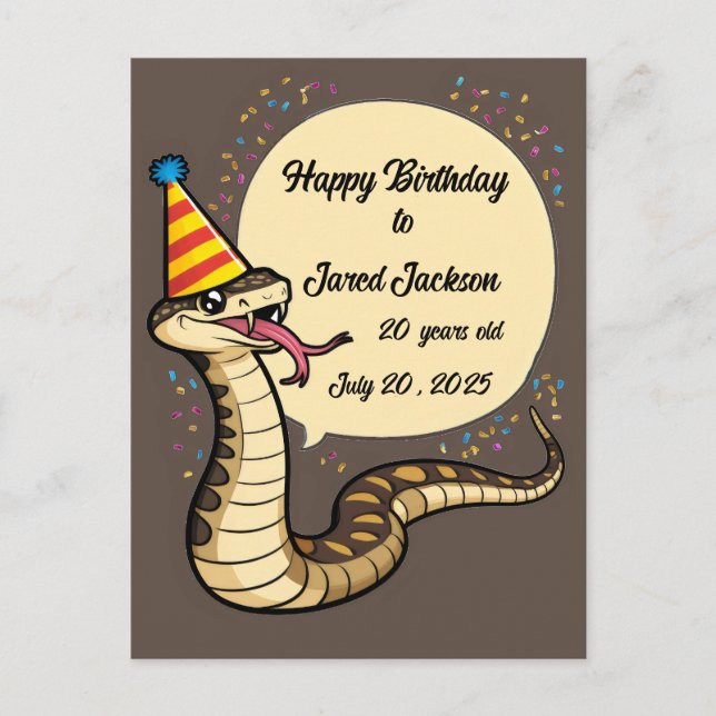 Postal Serpiente de cascabel con sombrero de cumpleaños d (Anverso)