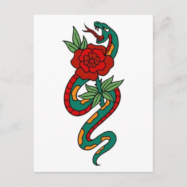 Postal Serpiente de época y arte de tatuaje Rosa (Anverso)