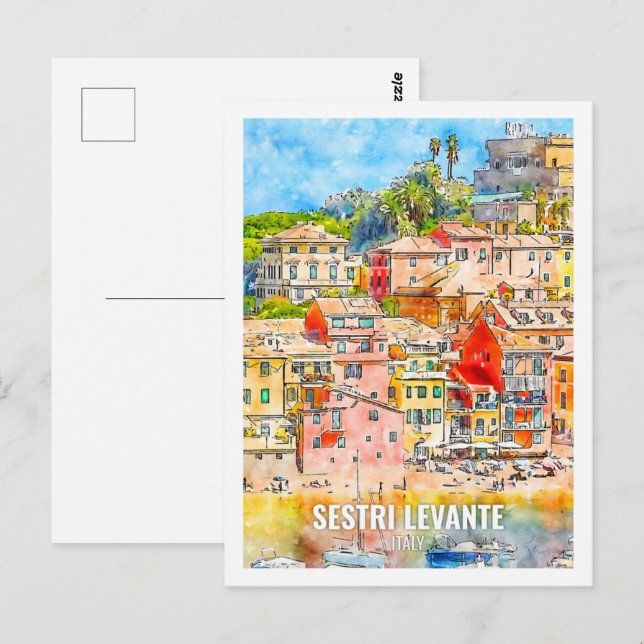 Postal Sestri Levante Italia Famosa acuarela de viaje (Anverso / Reverso)