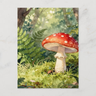 Postal Seta Amanita Moscaria Rojo Escena de Bosque Acuare