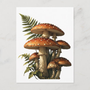 Postal Setas Amanita Rojas con Botánica de Helechos
