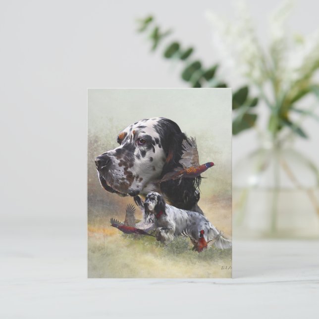 Postal Setter inglés con faisanes, arte (Anverso de pie)