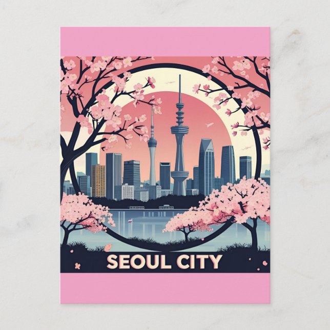 Postal Seúl City Moderno Skyline Arte Retro Corea del Sur (Anverso)